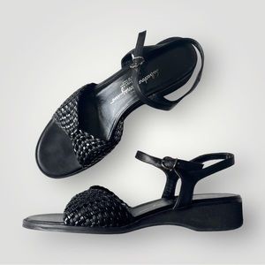 Ferragamo Classic Slingback Sandals Woven Leather Top Black Leather Shoes 8B